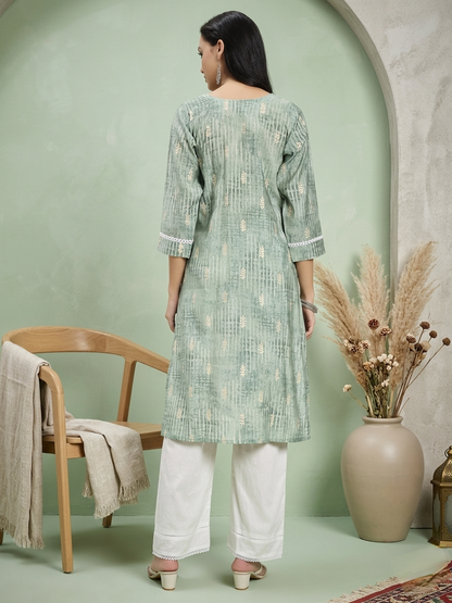 Sage Green Printed Kurta with White Straight Pants