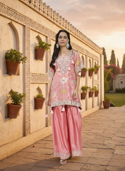 Elegant Pink Embroidered Kurta Set with Palazzo Pants