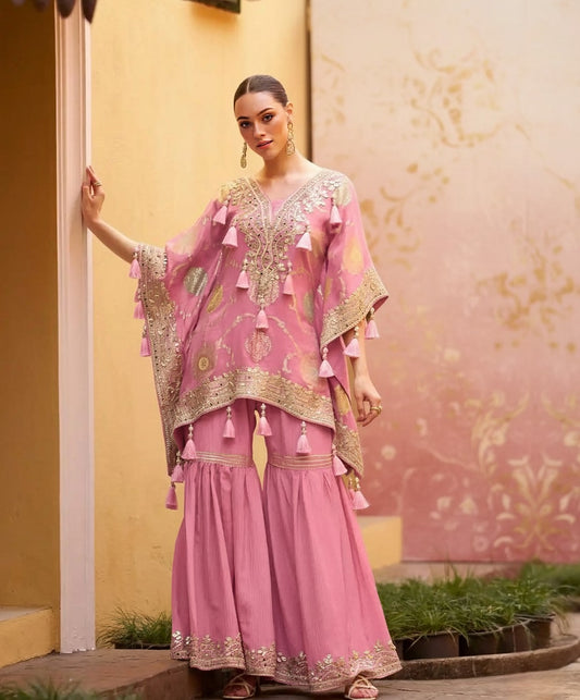Elegant Pink Embroidered Kurta Set with Palazzo Pants