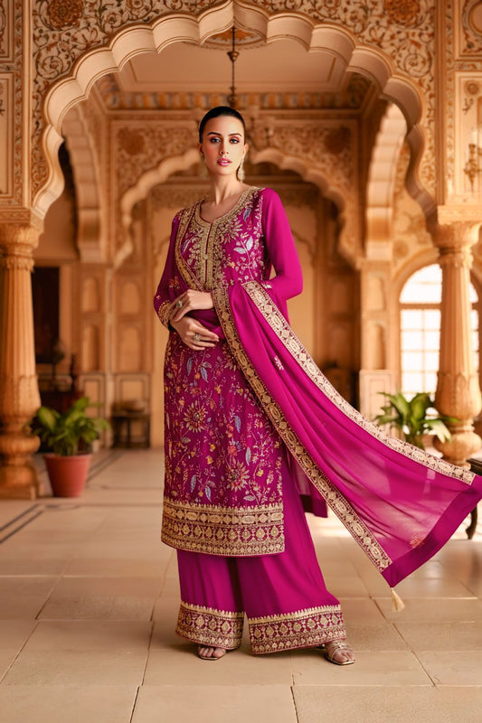 Magenta Embroidered & Chinon Straight Suit Set
