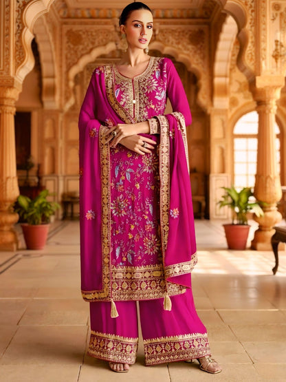Magenta Embroidered & Chinon Straight Suit Set