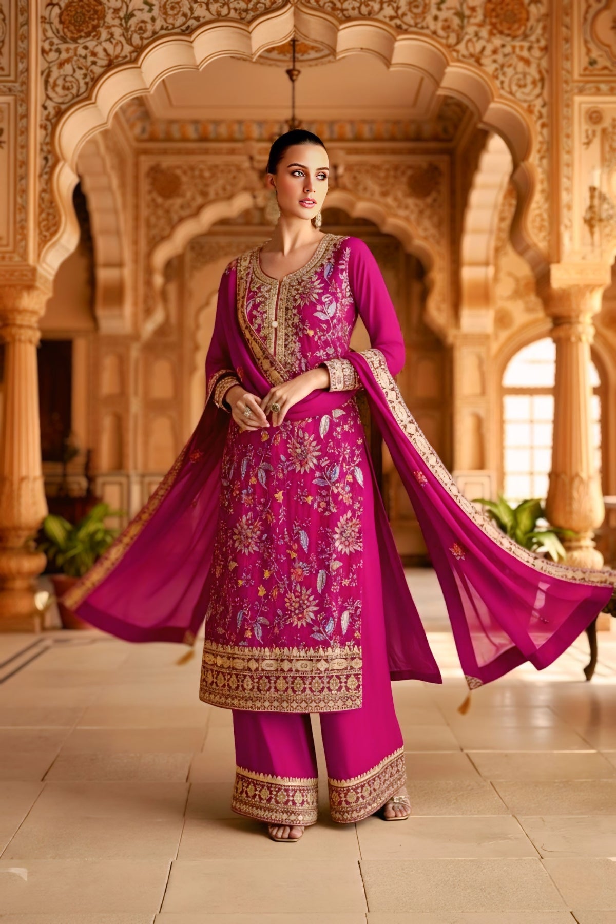 Magenta Embroidered & Chinon Straight Suit Set