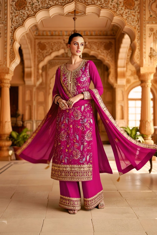 Magenta Embroidered & Chinon Straight Suit Set