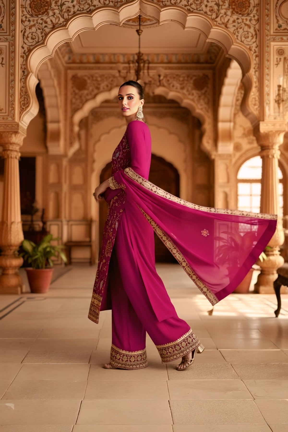 Magenta Embroidered & Chinon Straight Suit Set