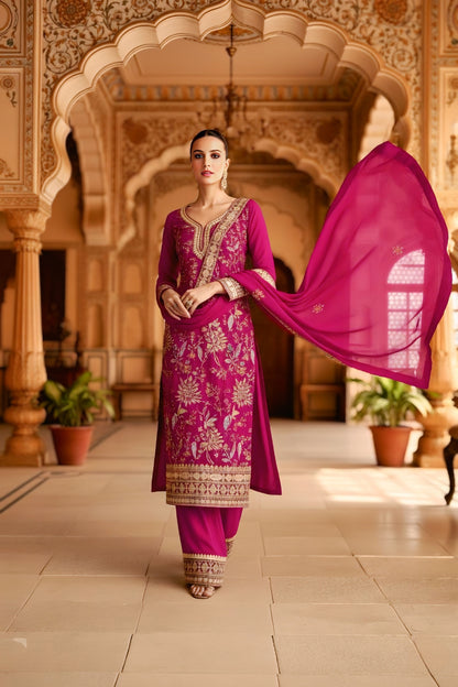 Magenta Embroidered & Chinon Straight Suit Set