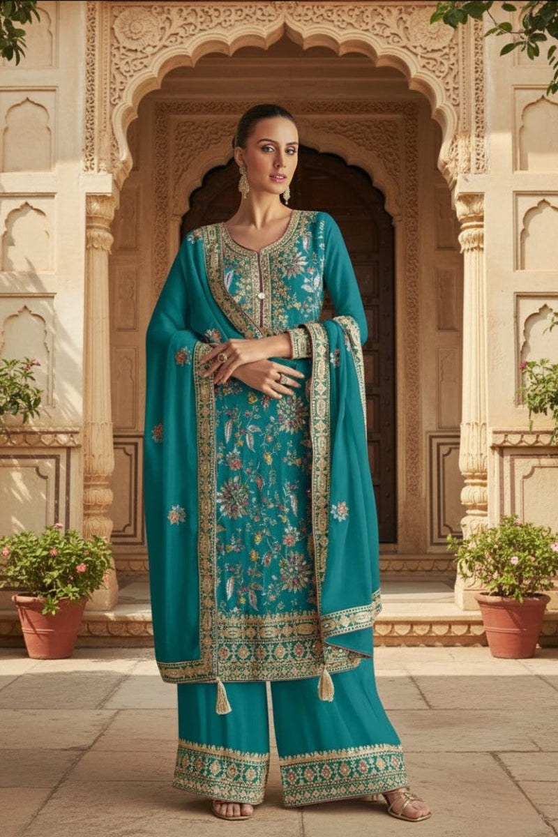 Teal Blue Embroidered & Chinon Straight Suit Set