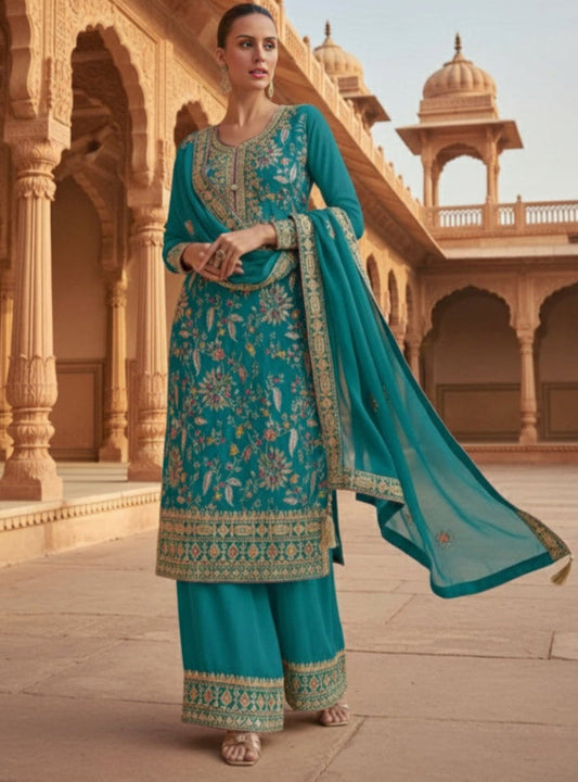 Teal Blue Embroidered & Chinon Straight Suit Set