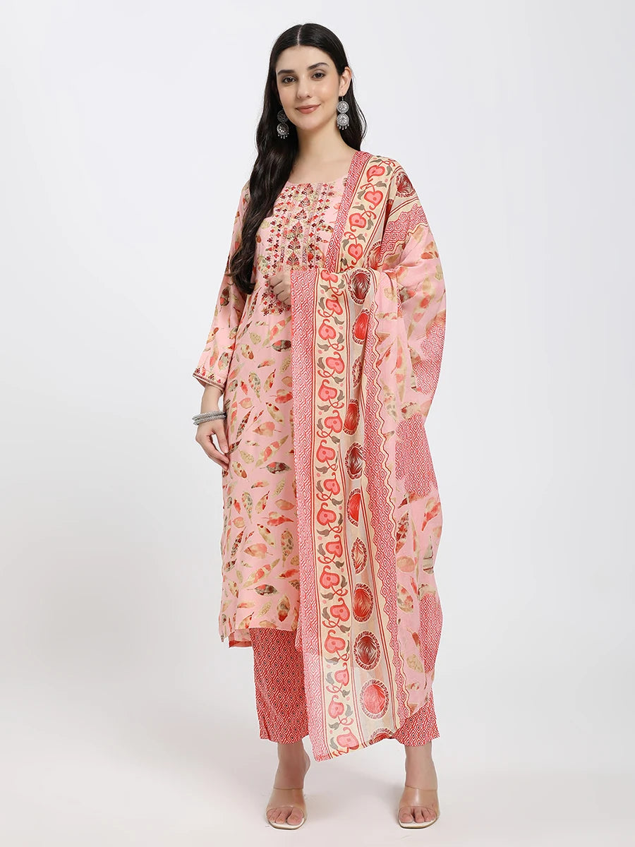 Peach Printed Straight Kurta Set with Matching Dupatta and Pants