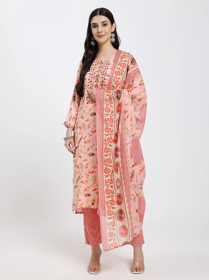 Peach Printed Straight Kurta Set with Matching Dupatta and Pants