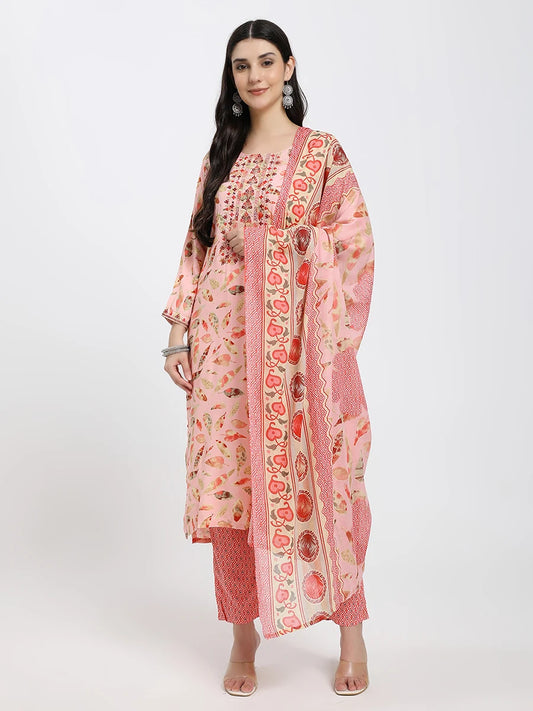 Peach Printed Straight Kurta Set with Matching Dupatta and Pants