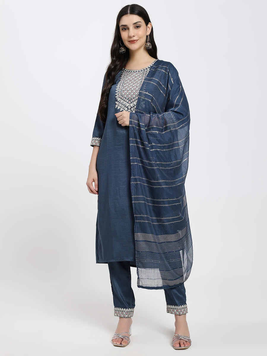 Elegant Navy Blue Embroidered Kurta with Straight Trousers & Striped Dupatta