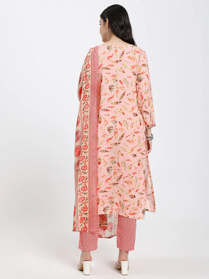 Peach Printed Straight Kurta Set with Matching Dupatta and Pants