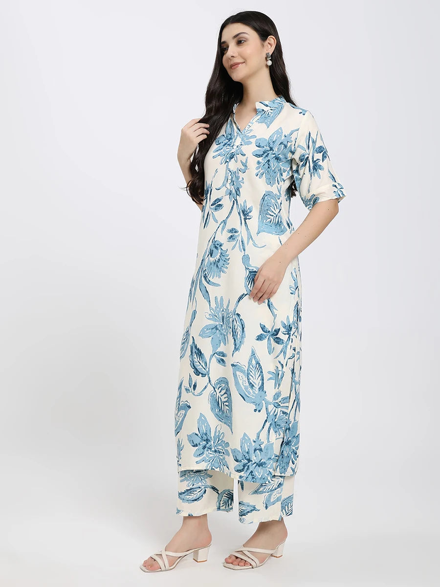 Off-White and Blue Floral Printed Co-ord Set with Kurta and Pants
