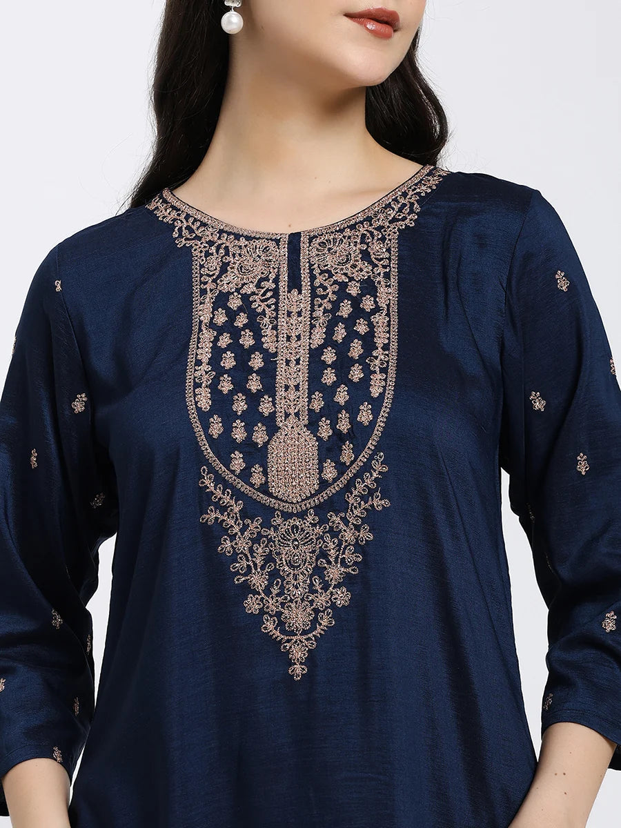 Navy Blue Embroidered Kurta Set with Light Blue Dupatta