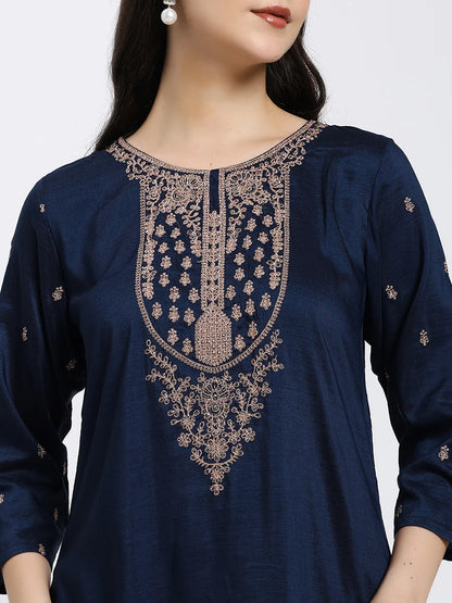 Navy Blue Embroidered Kurta Set with Light Blue Dupatta