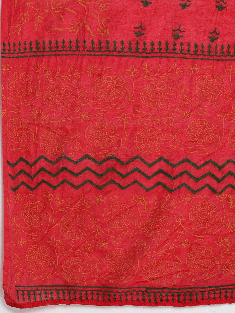 Mustard Yellow Embroidered Kurta Set with Contrasting Red Printed Dupatta