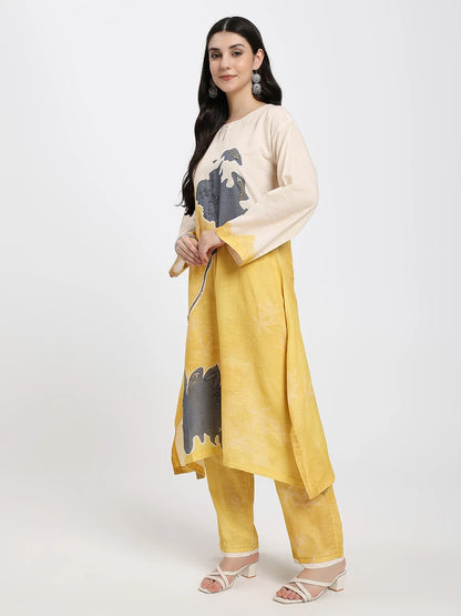 Beige & Mustard Abstract Floral Straight Kurta Set