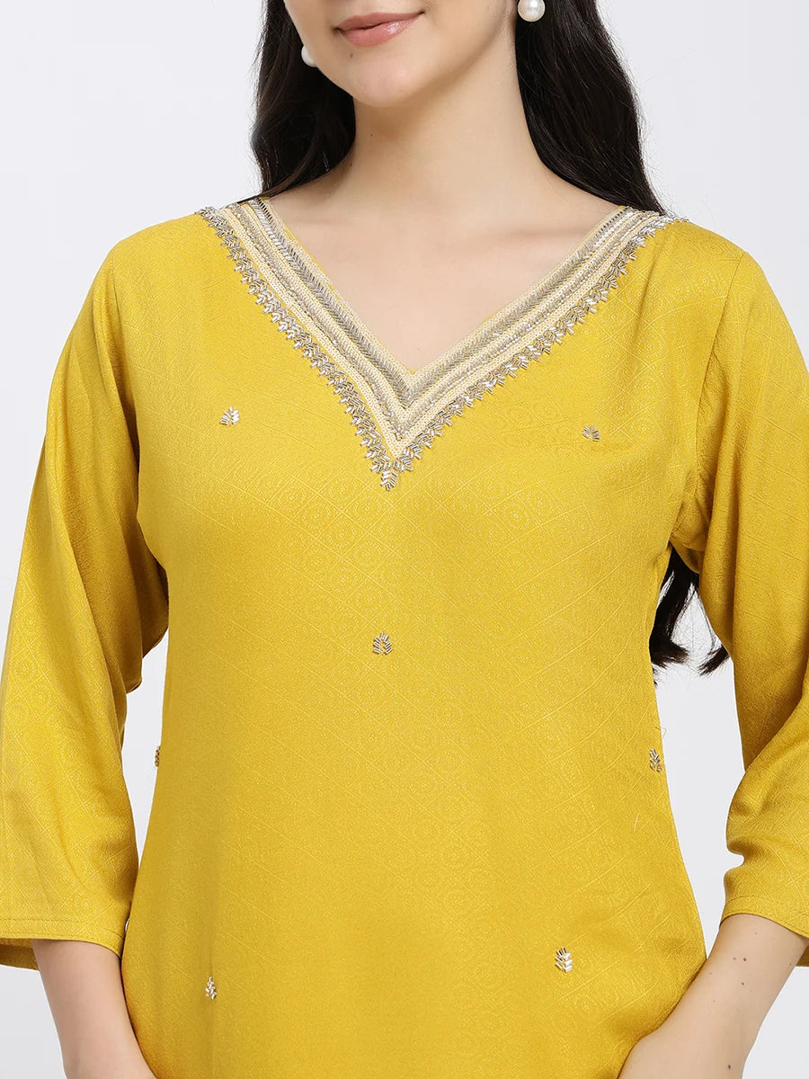 Mustard Yellow Embellished Kurta Set with Dupatta