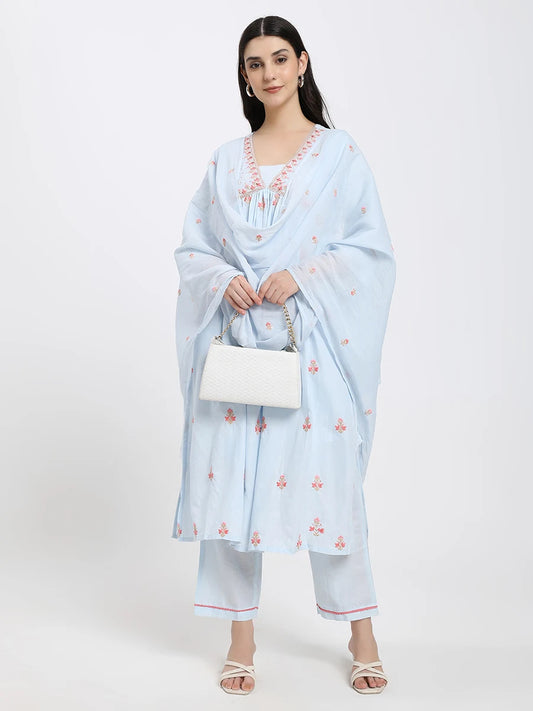 Elegant Sky-Blue Cotton Suit Set with Floral Embroidery and Dupatta