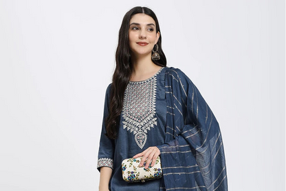 Elegant Navy Blue Embroidered Kurta with Straight Trousers & Striped Dupatta