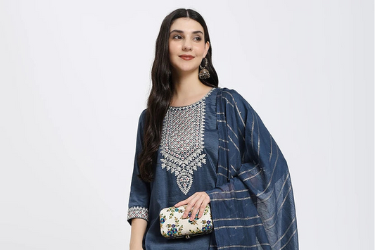 Elegant Navy Blue Embroidered Kurta with Straight Trousers & Striped Dupatta