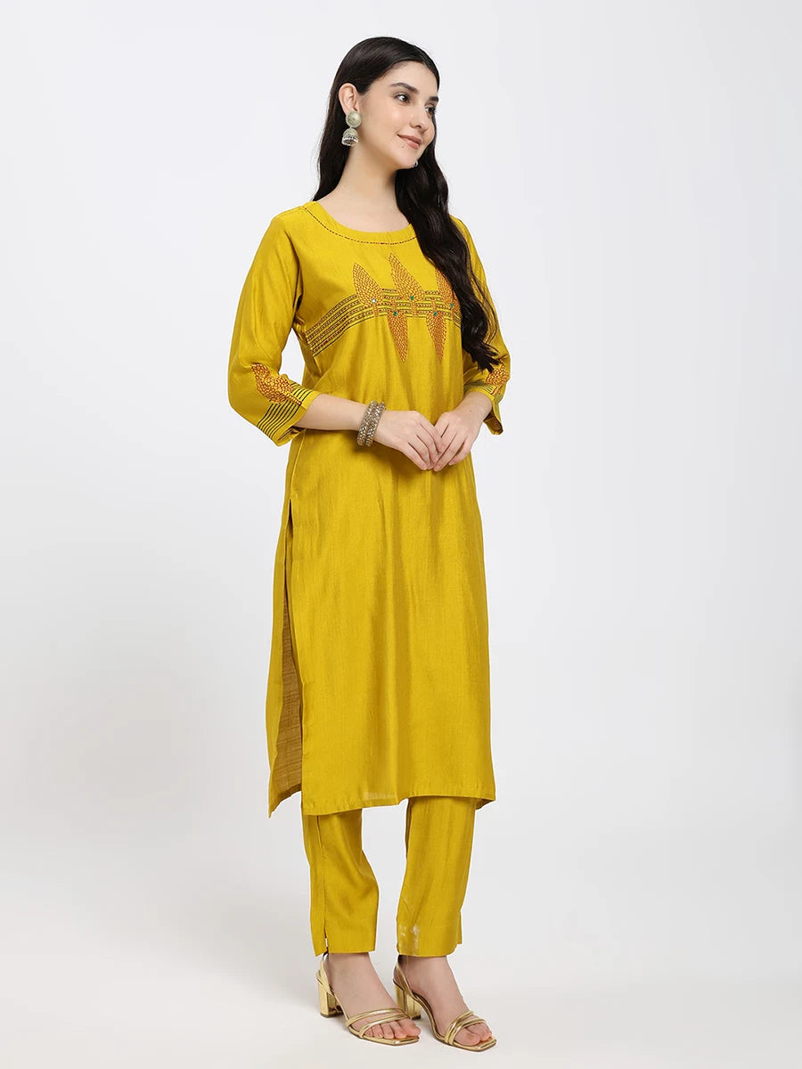 Mustard Yellow Embroidered Kurta Set with Contrasting Red Printed Dupatta