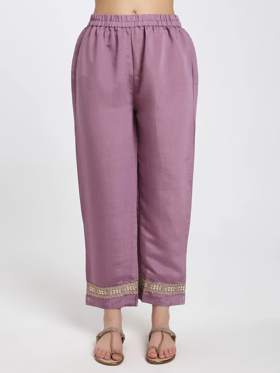 Lavender Kurta Set with Embroidered Trousers and Printed Dupatta