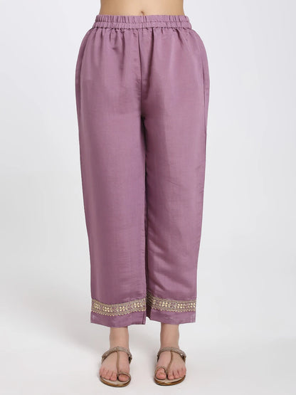 Lavender Kurta Set with Embroidered Trousers and Printed Dupatta