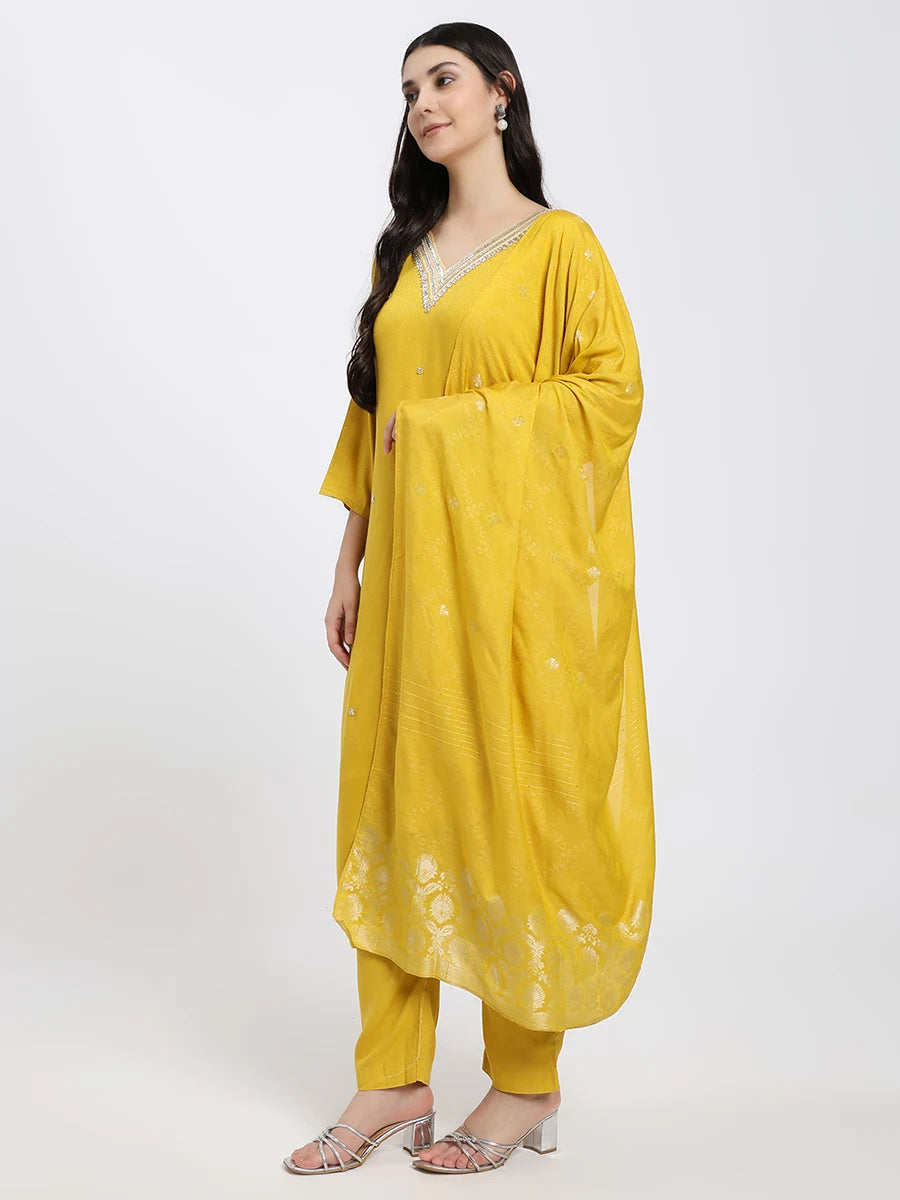 Mustard Yellow Embellished Kurta Set with Dupatta