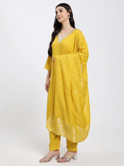 Mustard Yellow Embellished Kurta Set with Dupatta