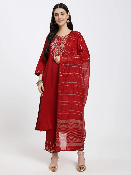 Elegant Red Embroidered Kurta Set with Dupatta – A Perfect Blend of Tradition & Style
