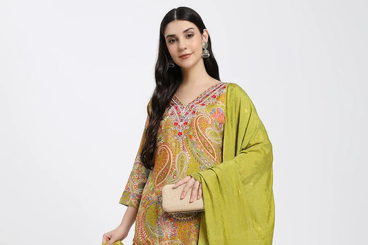 Green Paisley Printed Kurta Set with Matching Dupatta