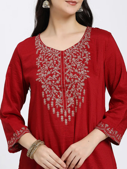 Elegant Red Embroidered Kurta Set with Dupatta – A Perfect Blend of Tradition & Style