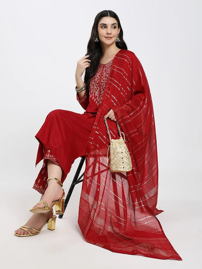 Elegant Red Embroidered Kurta Set with Dupatta – A Perfect Blend of Tradition & Style