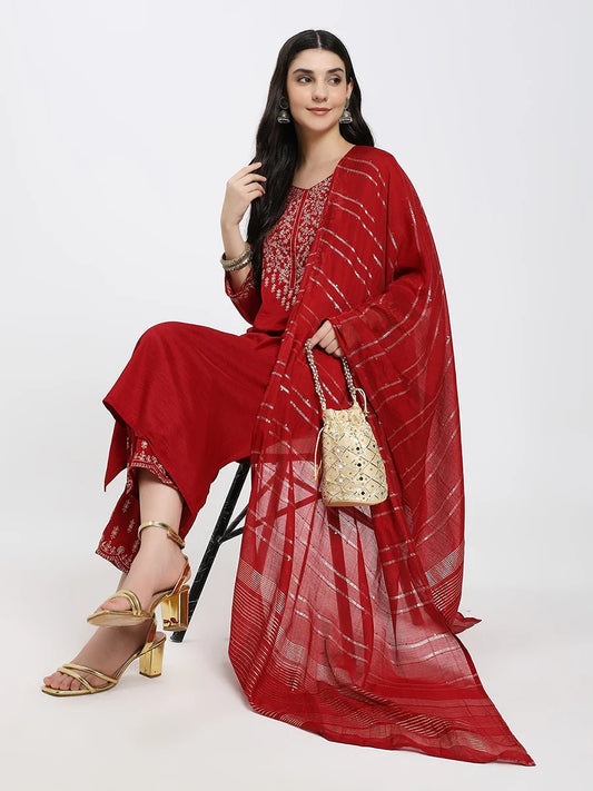 Elegant Red Embroidered Kurta Set with Dupatta – A Perfect Blend of Tradition & Style