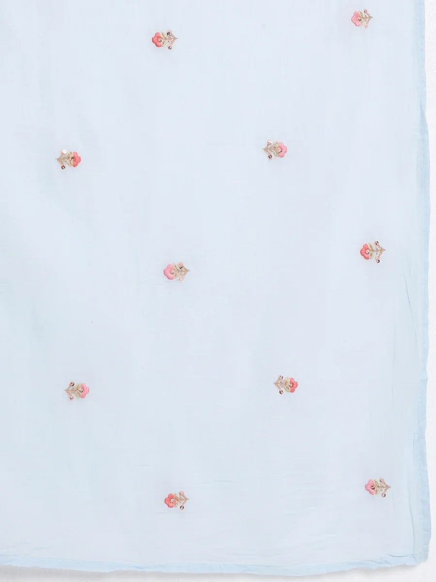 Elegant Sky-Blue Cotton Suit Set with Floral Embroidery and Dupatta