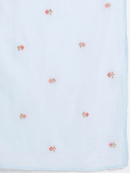 Elegant Sky-Blue Cotton Suit Set with Floral Embroidery and Dupatta