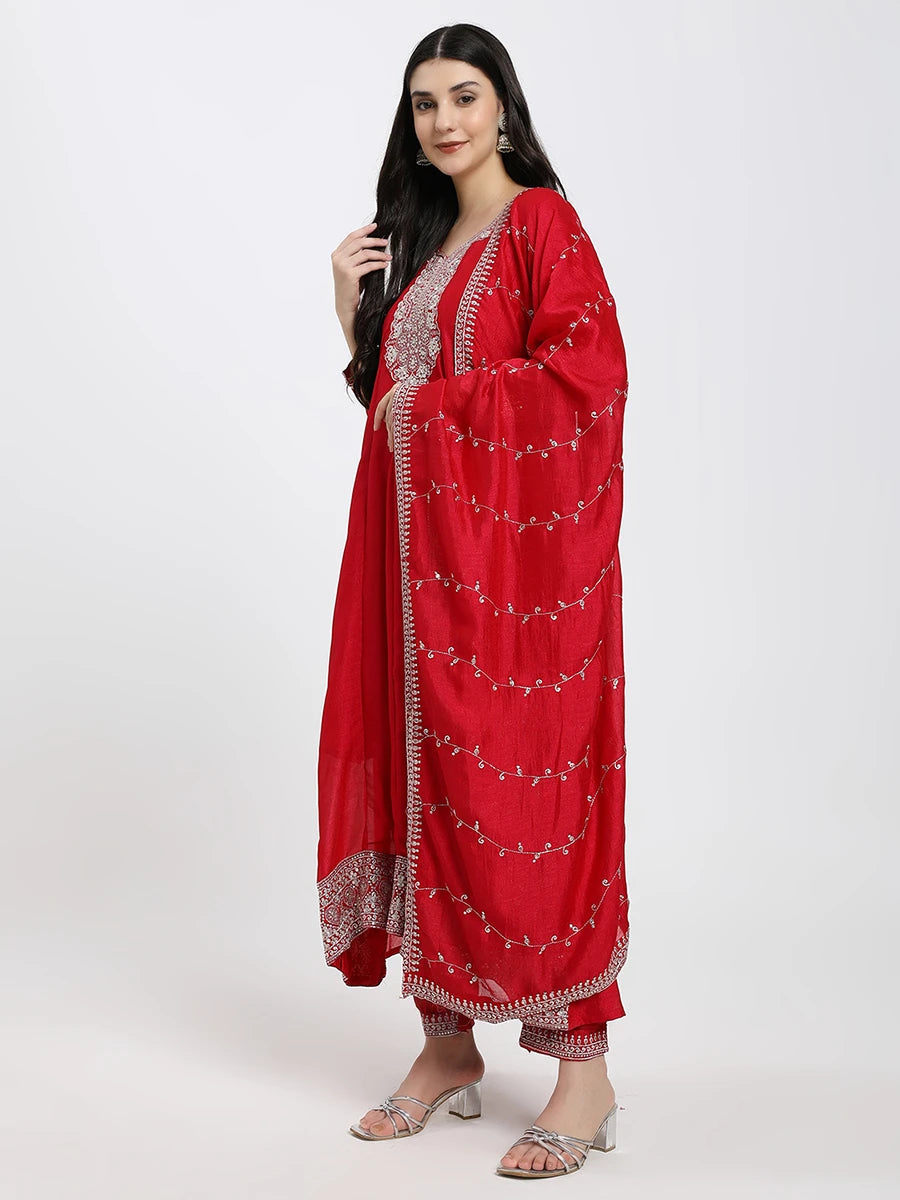 Elegant Red Embroidered Salwar Suit with Dupatta
