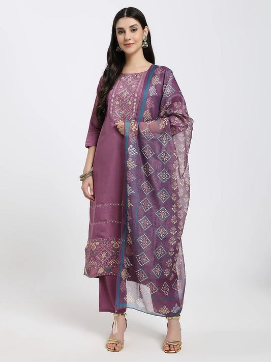 Elegant Purple Embroidered Kurta Set with Printed Dupatta