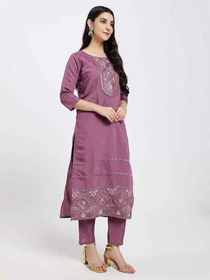Elegant Purple Embroidered Kurta Set with Printed Dupatta