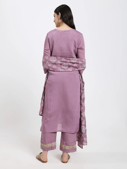 Lavender Kurta Set with Embroidered Trousers and Printed Dupatta