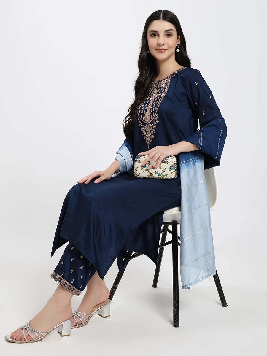 Navy Blue Embroidered Kurta Set with Light Blue Dupatta