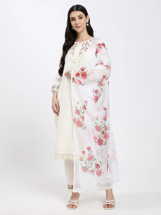 Silk blend Off-White Embroidered Straight Suit Set with Floral Dupatta