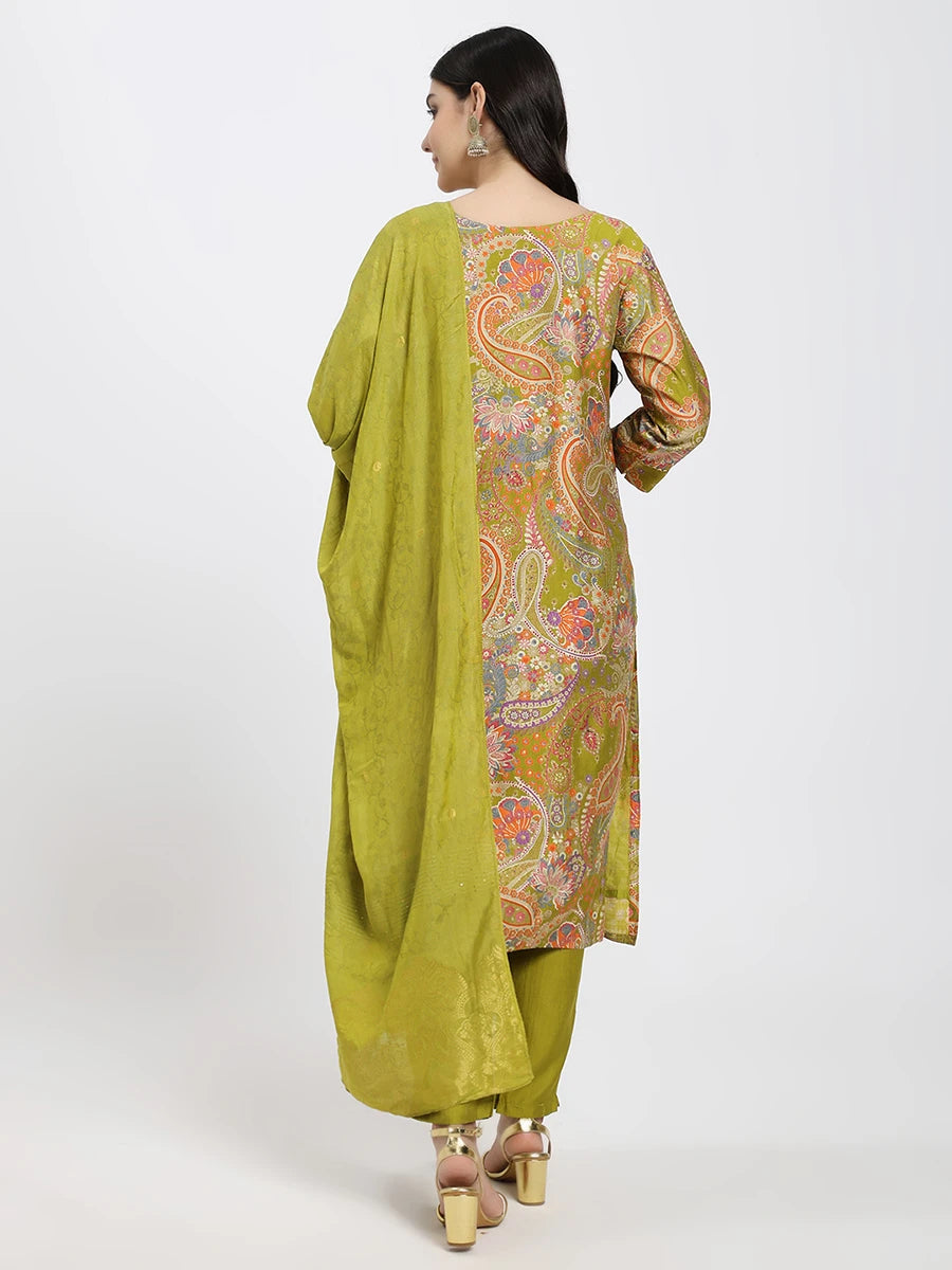 Green Paisley Printed Kurta Set with Matching Dupatta