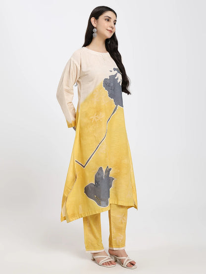 Beige & Mustard Abstract Floral Straight Kurta Set