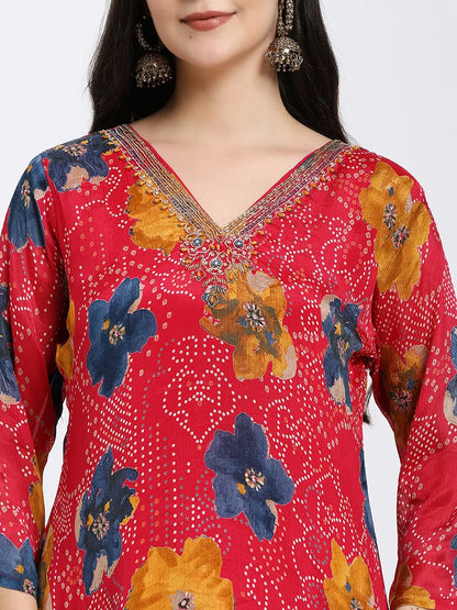 Pink Floral Printed Kurta with Straight Trousers & Solid Dupatta