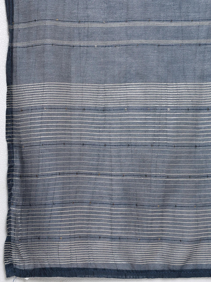 Elegant Navy Blue Embroidered Kurta with Straight Trousers & Striped Dupatta