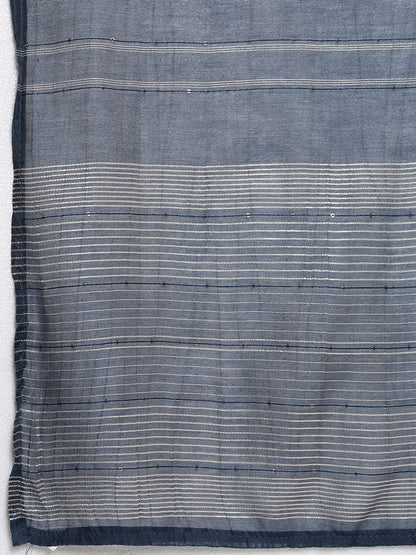 Elegant Navy Blue Embroidered Kurta with Straight Trousers & Striped Dupatta