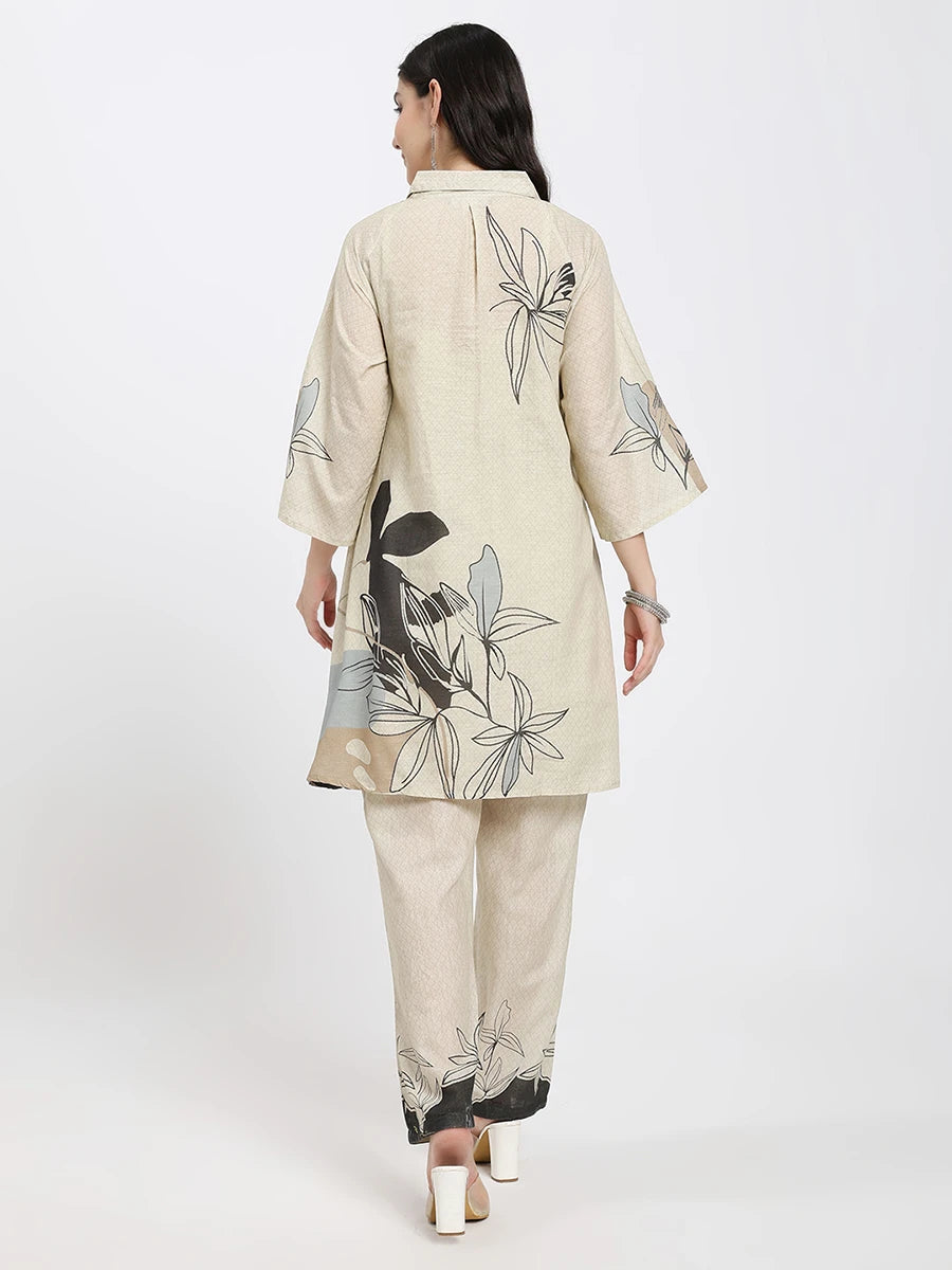 Beige Printed Co-ord Set with Abstract Floral Design