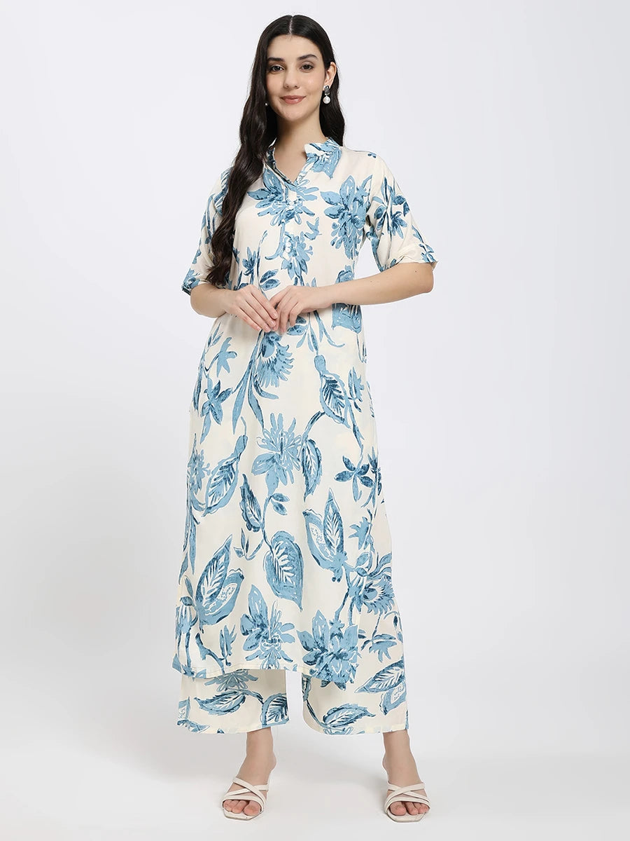 Off-White and Blue Floral Printed Co-ord Set with Kurta and Pants